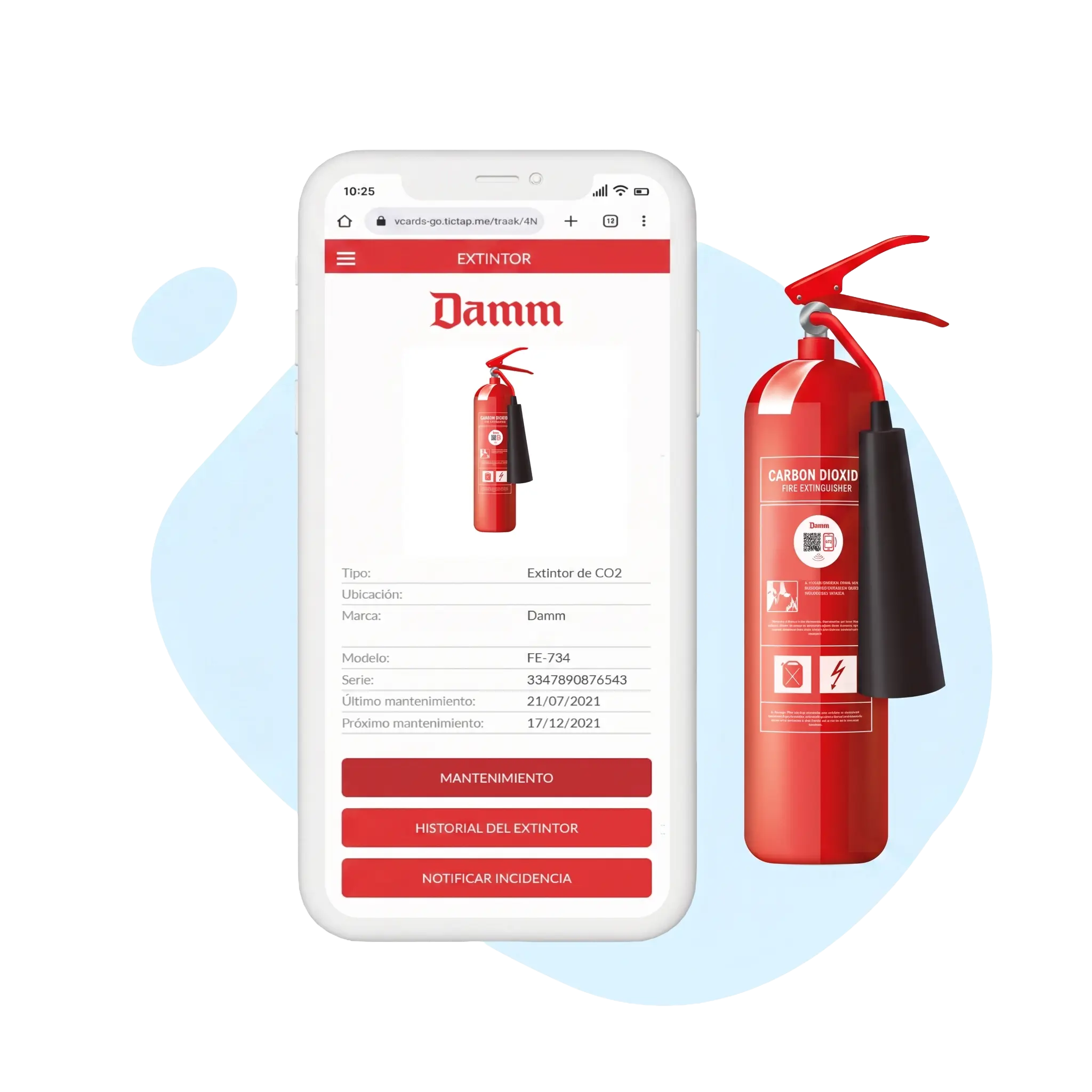 Damm fire extinguisher with TicTAP tag