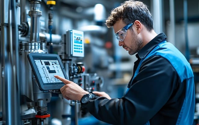 Ingeniero utilizando un panel de control digital en una fábrica automatizada.