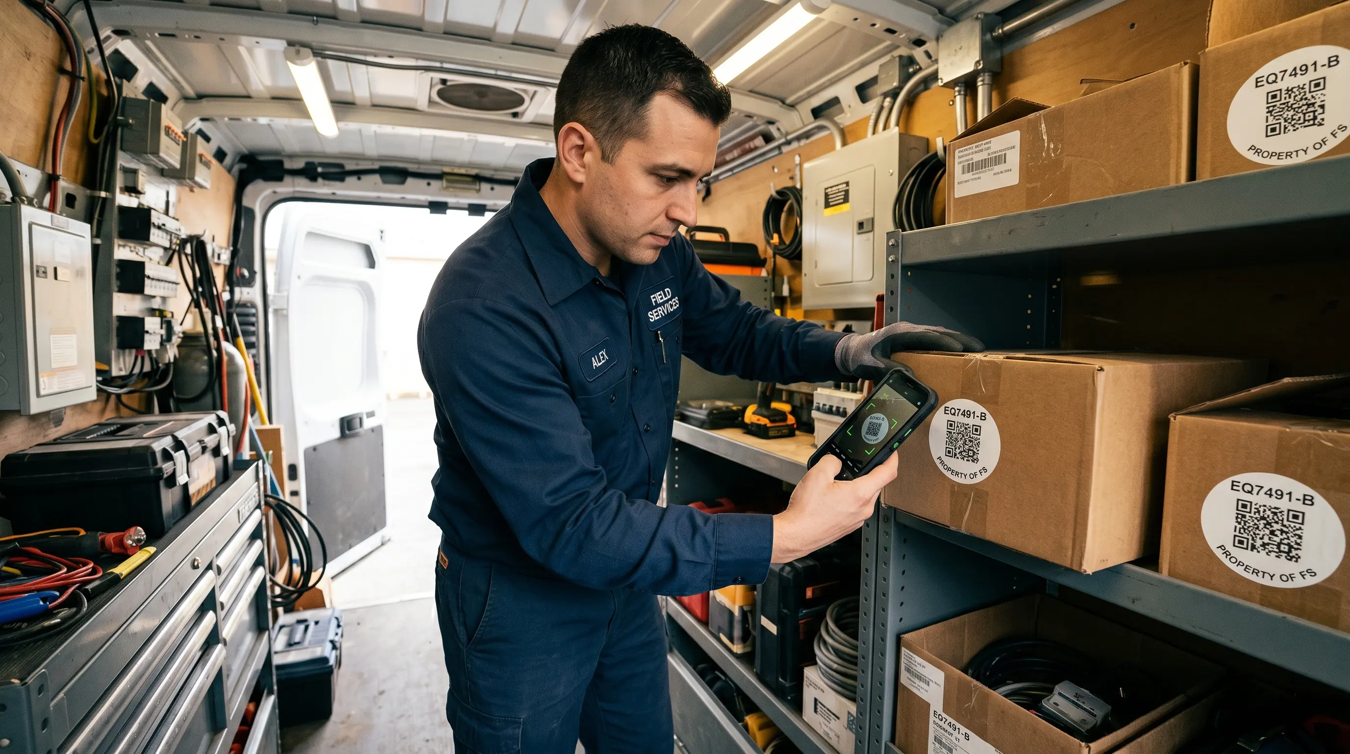 Técnico escaneando QR en almacén eléctrico