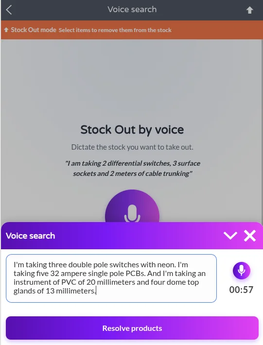 Voice Search en TicTAP — interfaz de stock out por voz